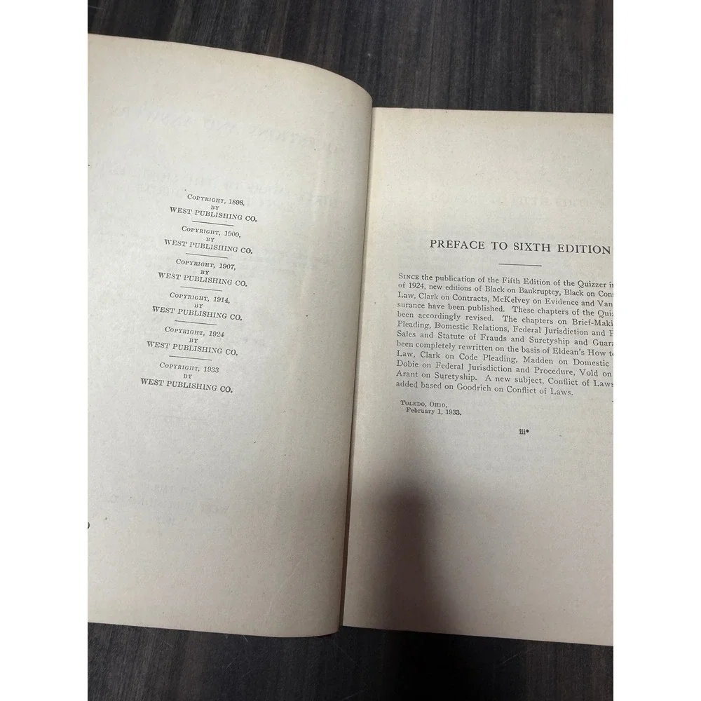 Owens Law Quizzer 1933‎ Sixth Edition West Publishing Co Legal Study Aid